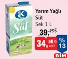 SEK YARIM YAĞLI SÜT 1 L